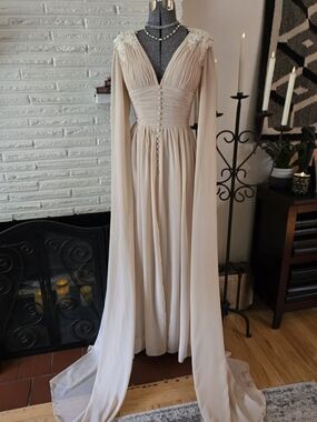 Ethereal Cream Goddess Long Sleeve Pleated V-Neck Gown!